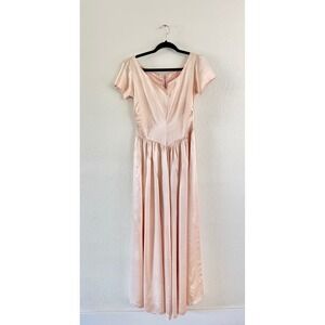 Vintage Blush Pink Satin Maxi Dress Ruched V Waist Formal Gown 40s Womens S